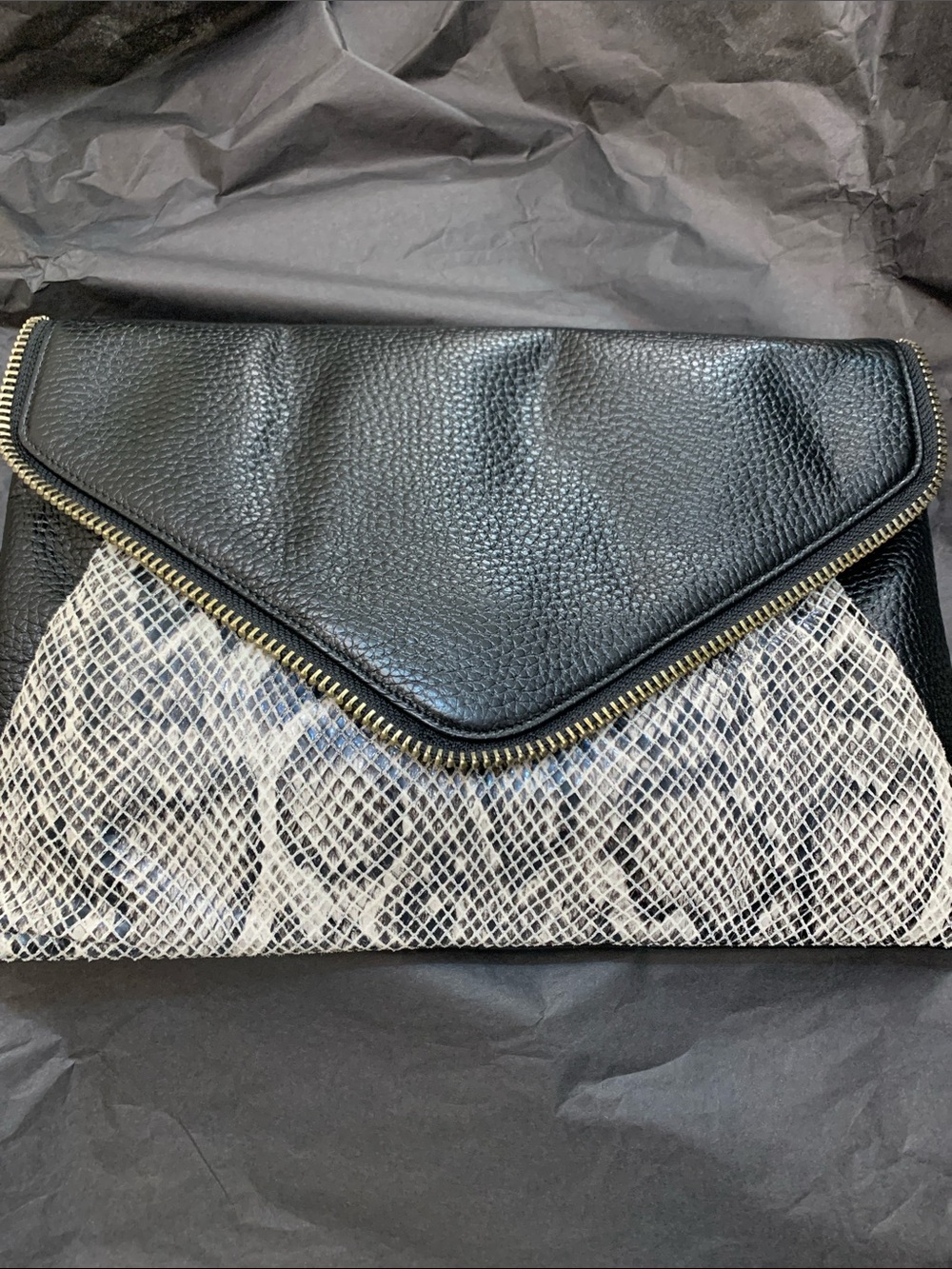 Halogen Leather Black and White Snake-Print Envelope Clutch